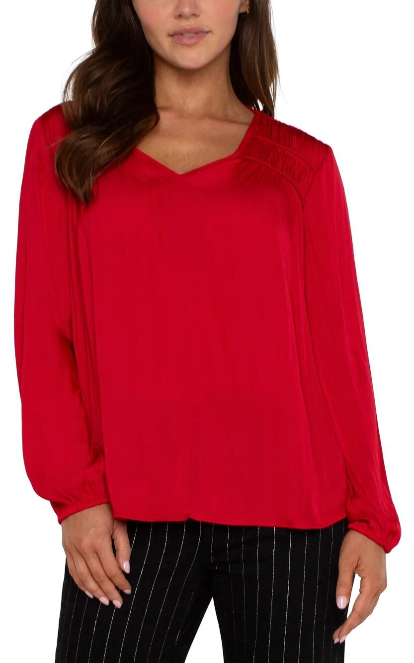 Liverpool Los Angeles Long Sleeve V Neck Blouse Sateen Shirred Tango Red XS NEW